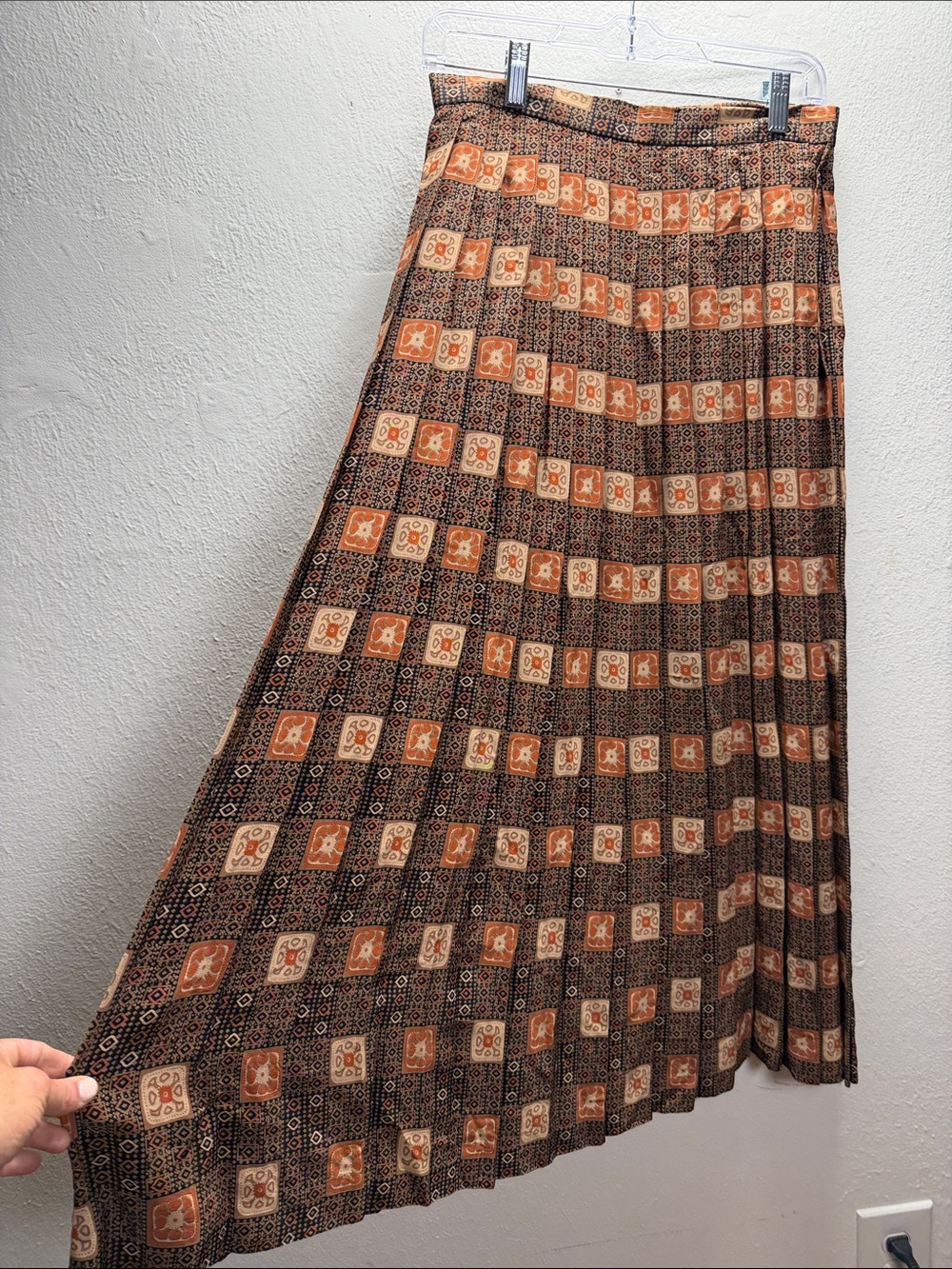 Doncaster Brown and Orange Geometric Pleated Maxi Skirt
